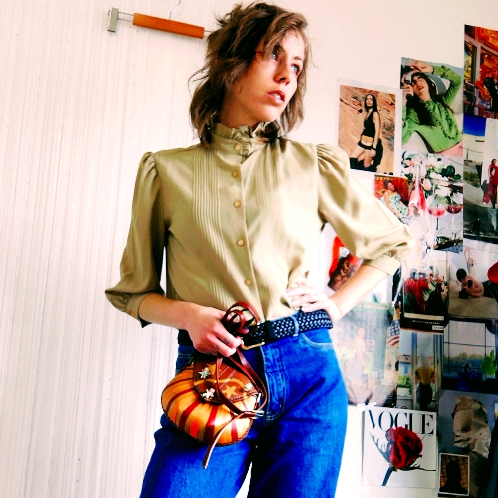 Vintage Olive Green Button-Down Blouse